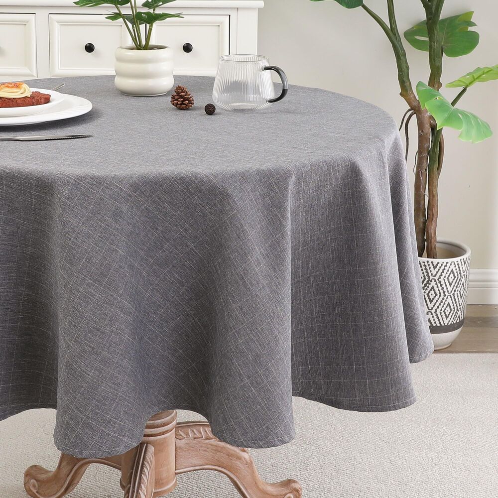 cusugbaso Grey Round Tablecloth, Faux Linen Water-Resistant Table Cover